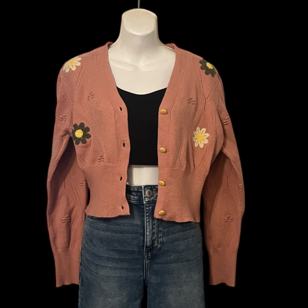 Belle Poque Cropped Embroidered V Neck Boho Bohemian Terracotta Cardigan Sweater